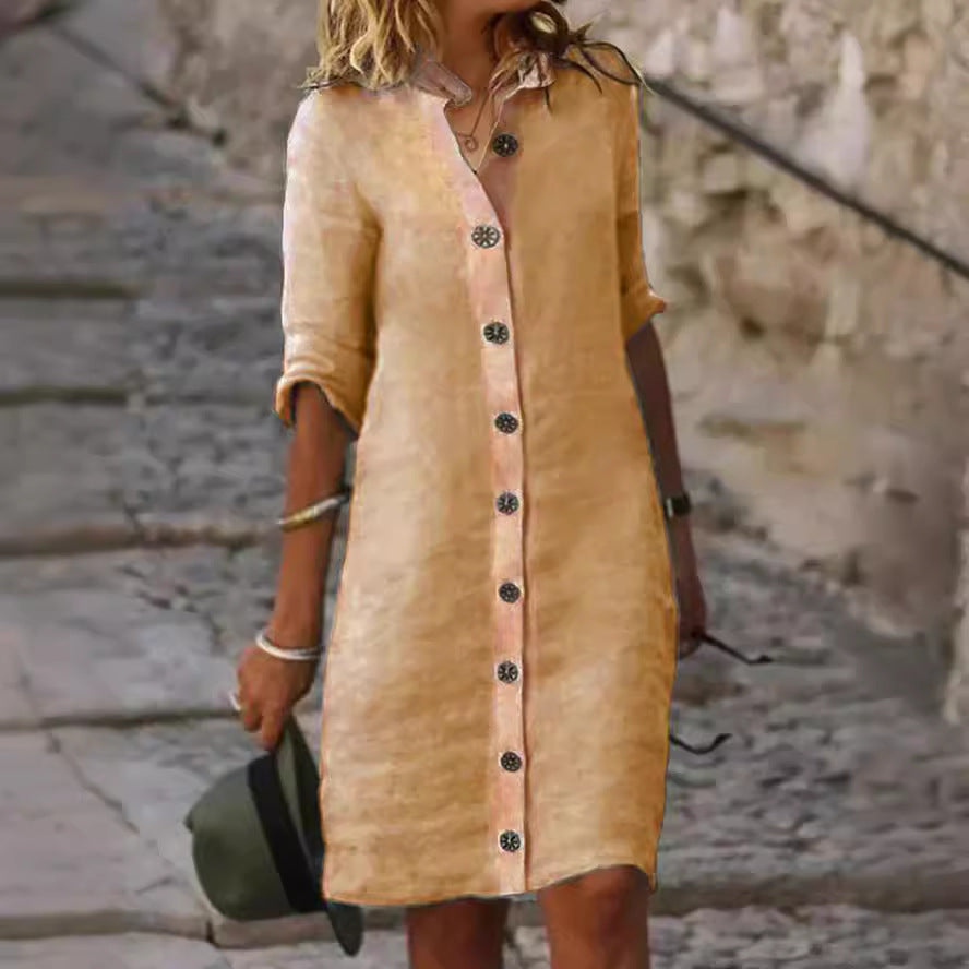 Cotton Linen Button-Front Shirt Dress