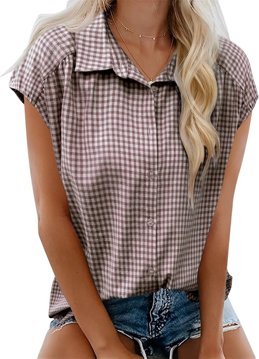 Casual Plaid Cap Sleeve Shirt Ladies Vintage Loose Fit Collared Blouse