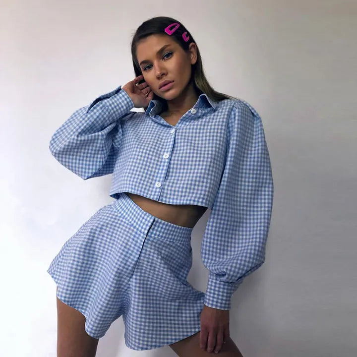 Womne's Gingham Crop Shirt & High Waist Shorts 2 Piece Set