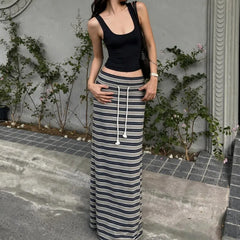Striped Maxi Skirt, Drawstring Waist Casual Long A Line Skirt with Tassel