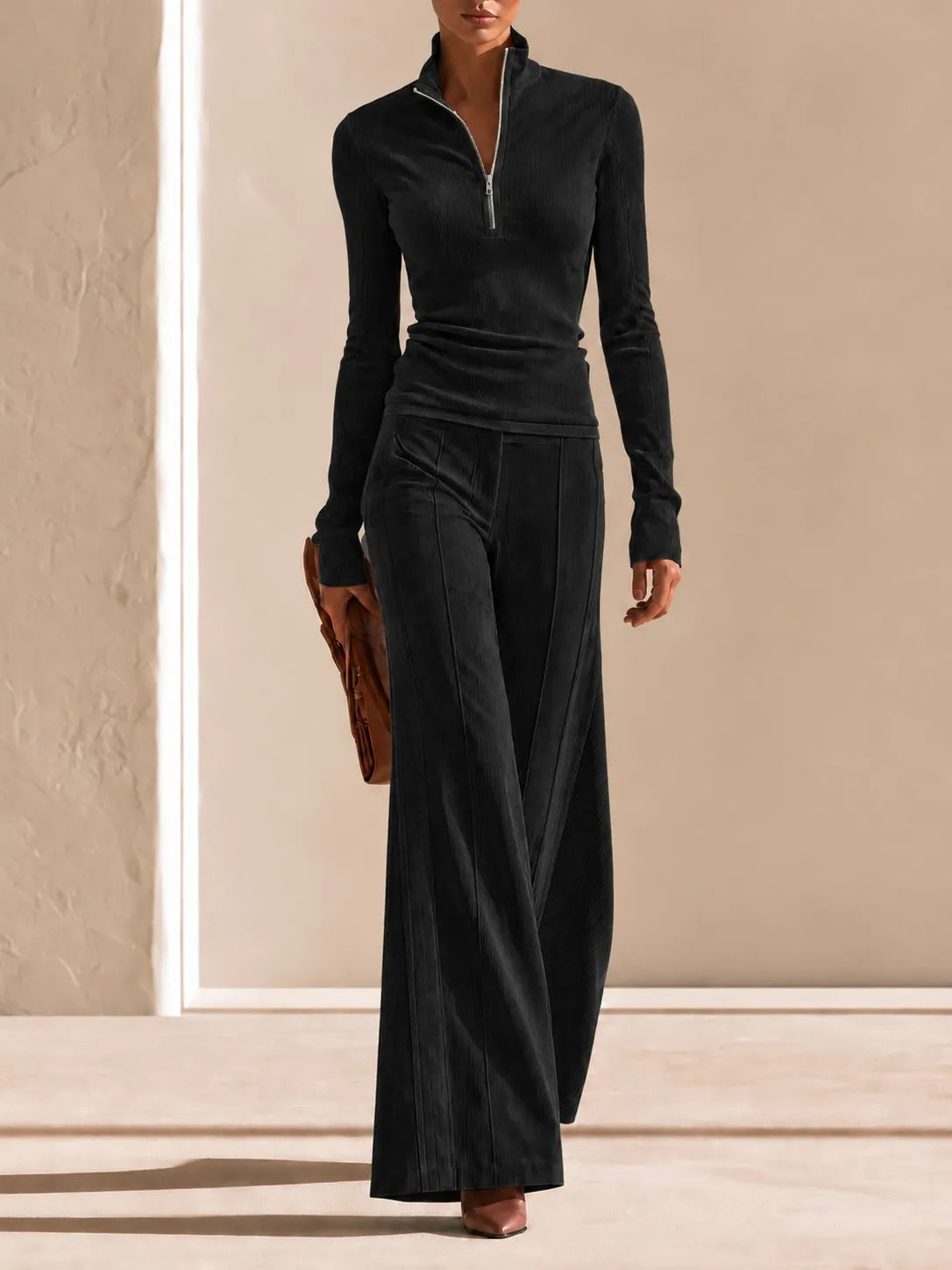 Ribbed Corduroy Matching Set Long Sleeve Quarter Zip Top High Waist Flare Trousers
