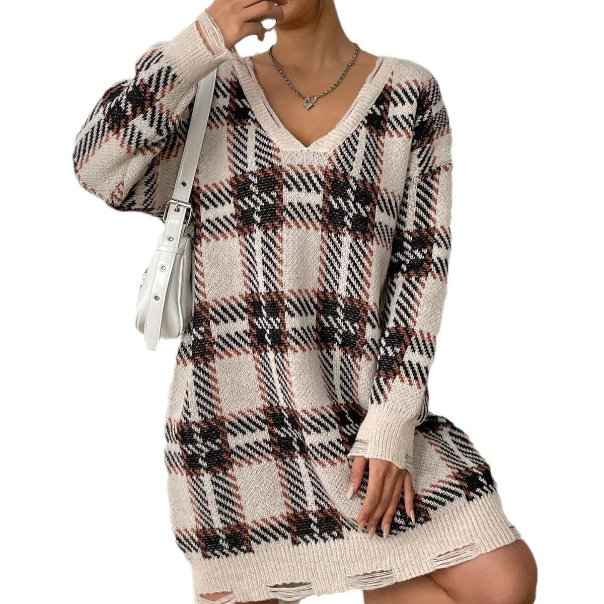 Plaid V-Neck Oversized Sweater Dress