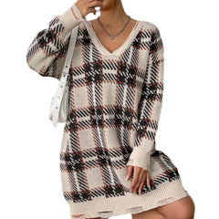 Plaid V-Neck Oversized Sweater Dress