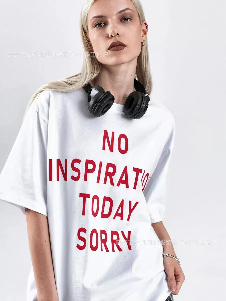 Four Lines Red Letter Print Crew Neck Oversized Loose Cotton Short Sleeve T-shirt