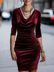 Solid Color Velvet Cowl Neck Ruched Bodycon Midi Dress