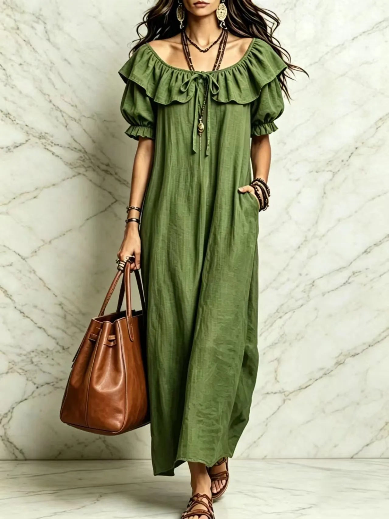 Ruffle Neck Puff Sleeve Maxi Dress