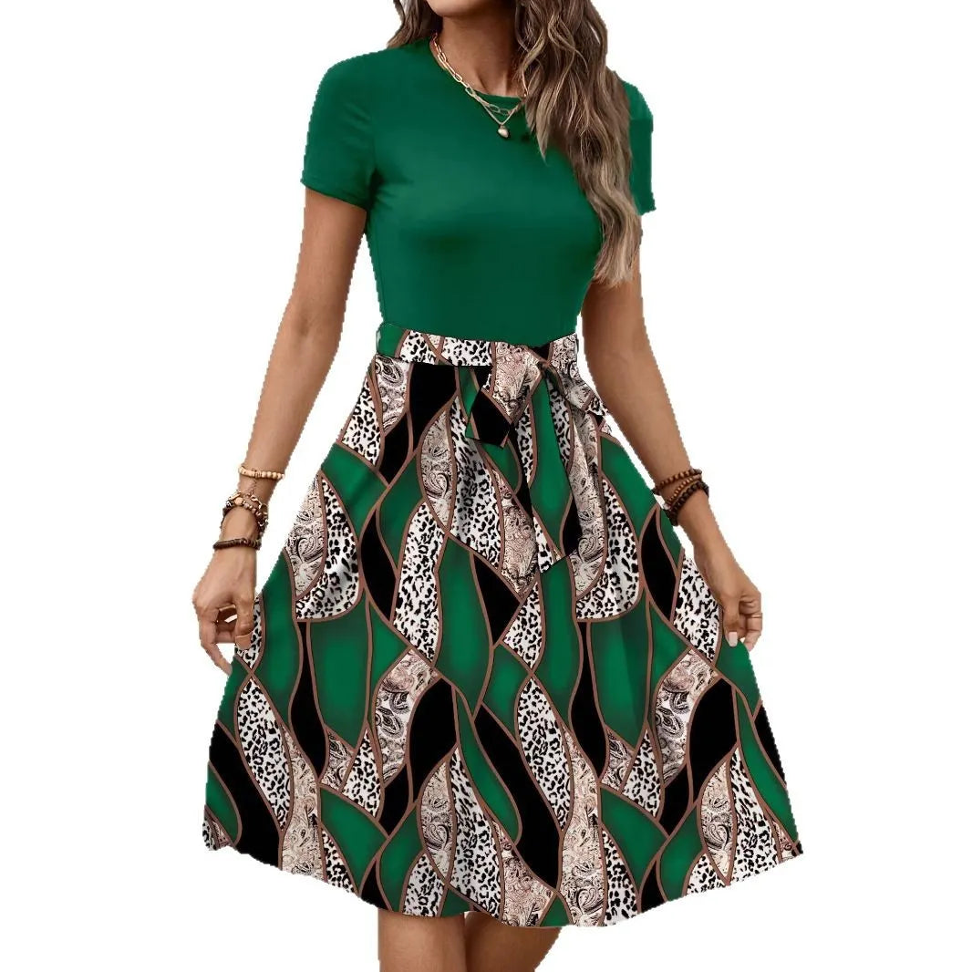 Color Block Leopard Geometric Print Tie Waist Midi Dress