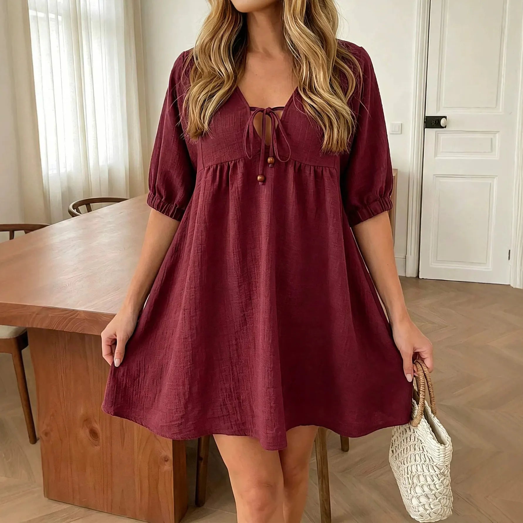 Lace-Up V-Neck Puff Sleeve A-Line Mini Dress