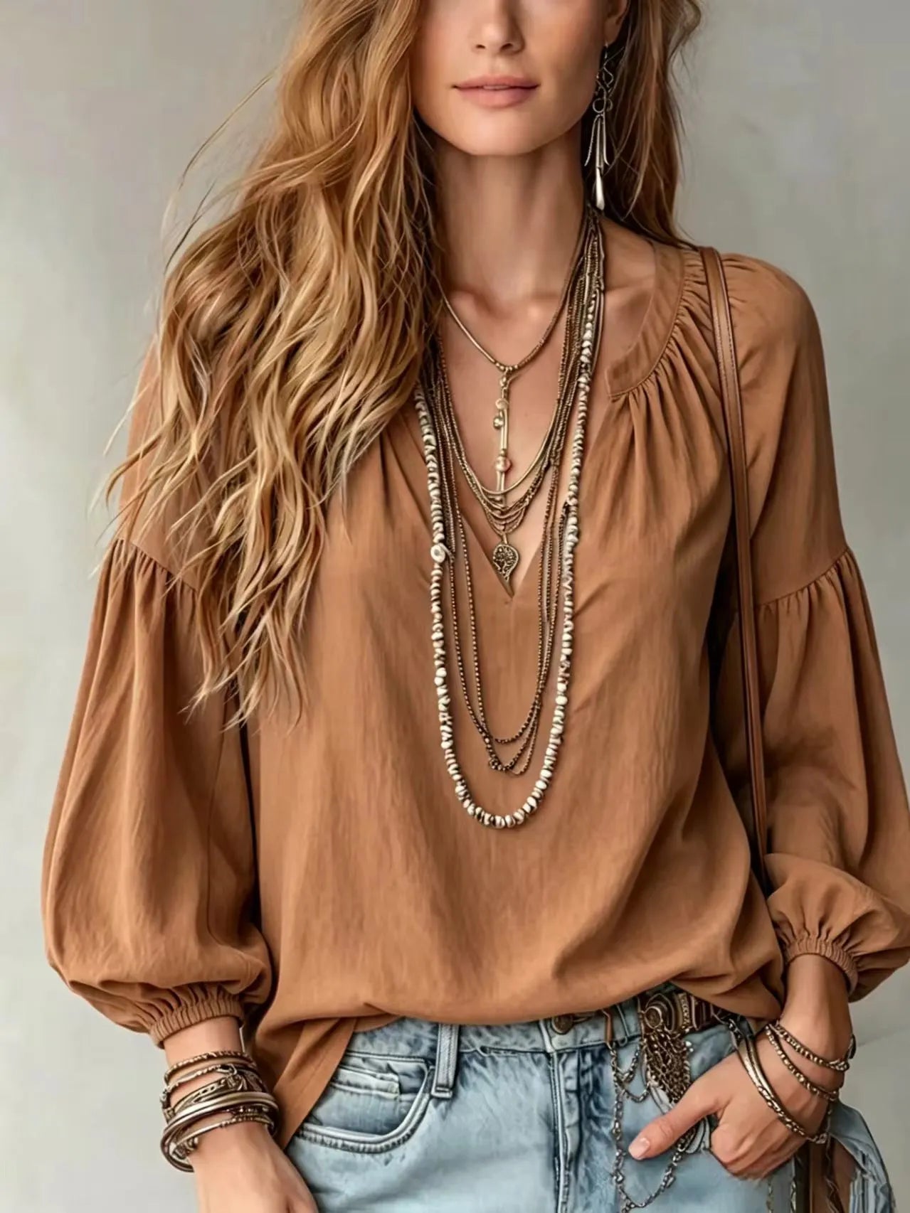 Notched V Neck Puff Sleeve Elastic Cuff Relaxed Fit Shirt