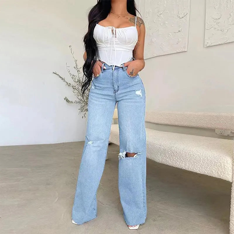 Ripped Destroyed High Waist Wide Leg Jeans