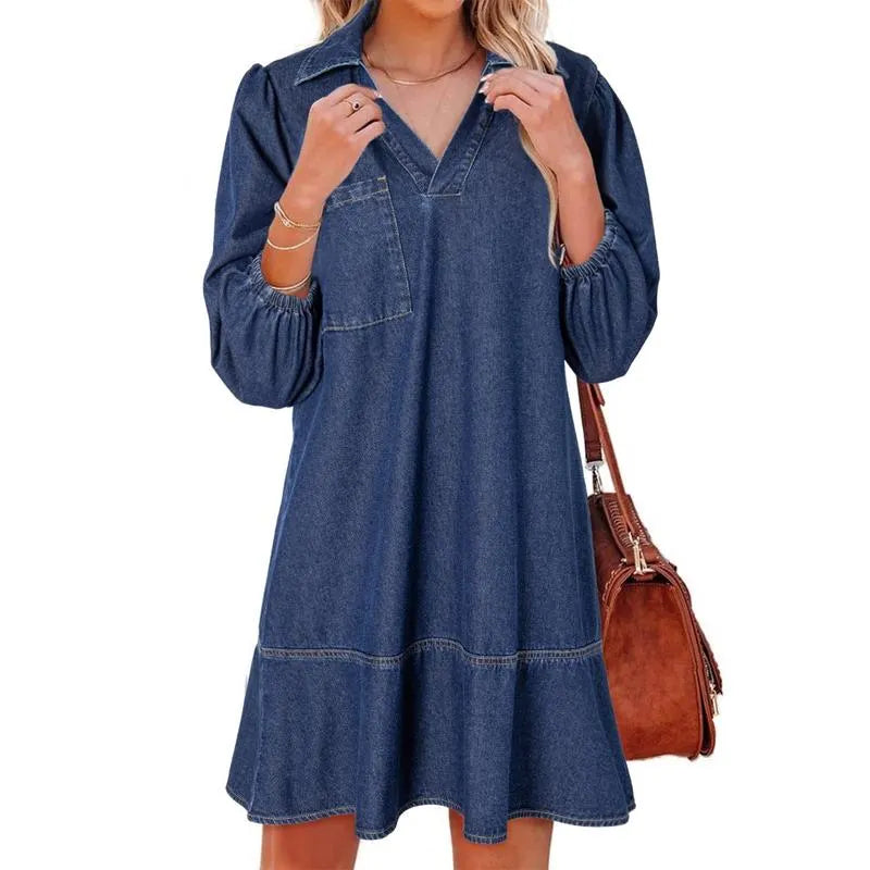 Blue Tie-Waist Button-Front Denim Shirt Dress