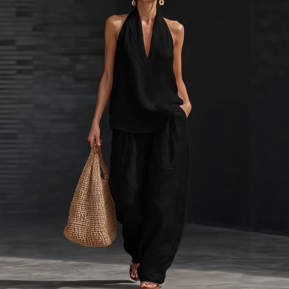 Sleeveless Loose Tunic Top Cuffed Wide Leg Pocket Pants