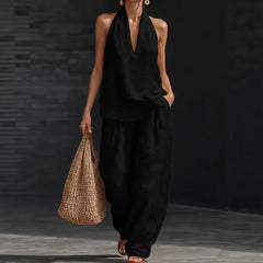 Sleeveless Loose Tunic Top Cuffed Wide Leg Pocket Pants