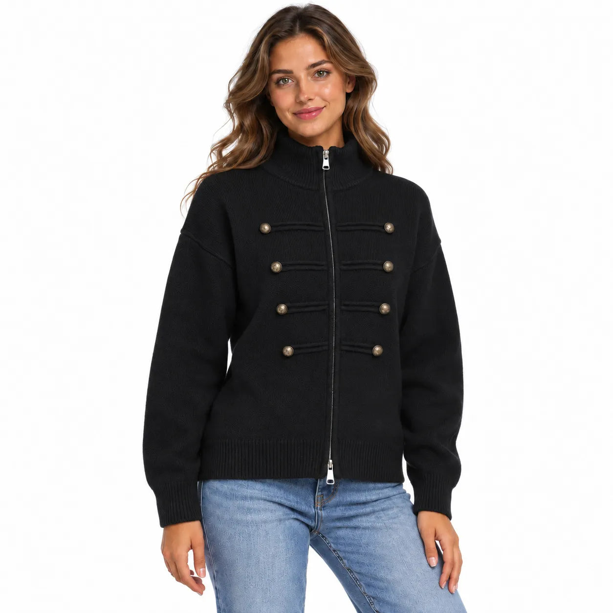 Stand Collar Zip Up Knit Cardigan, Double Breasted Decorative Button Sweater Jacket