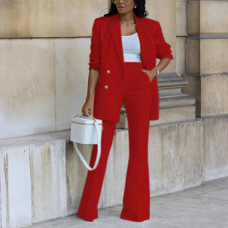 Double Breasted Blazer & High Waist Flared Pants Two Piece Commuter Suit Set
