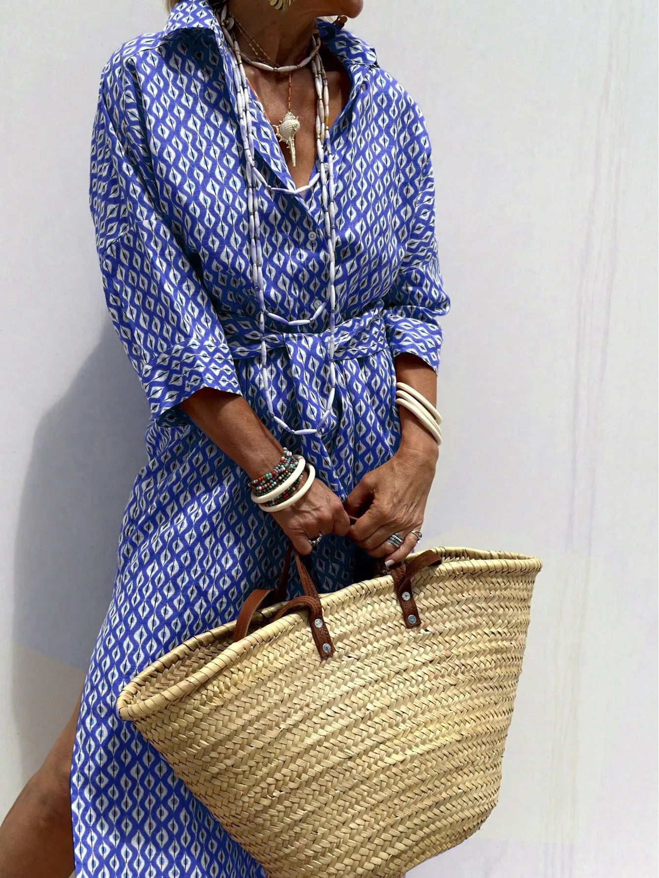 Lapel Five-Quarter Sleeve Printed Loose Maxi Dress Ethnic Travel Shirt Dress