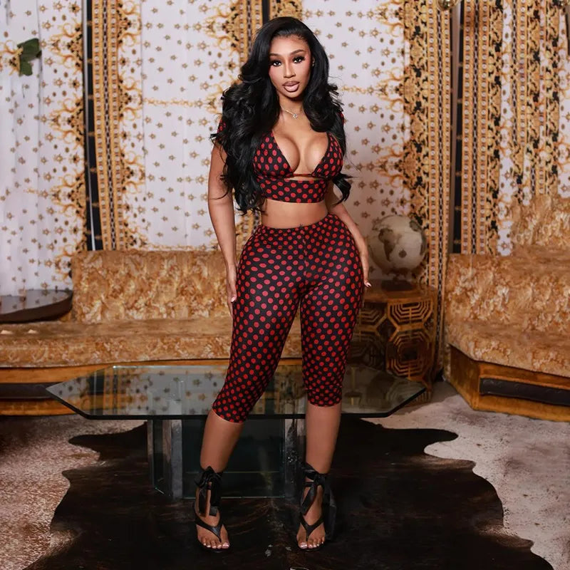 Polka Dot Halter Cutout Crop Top & Capri Pants Two Piece Set