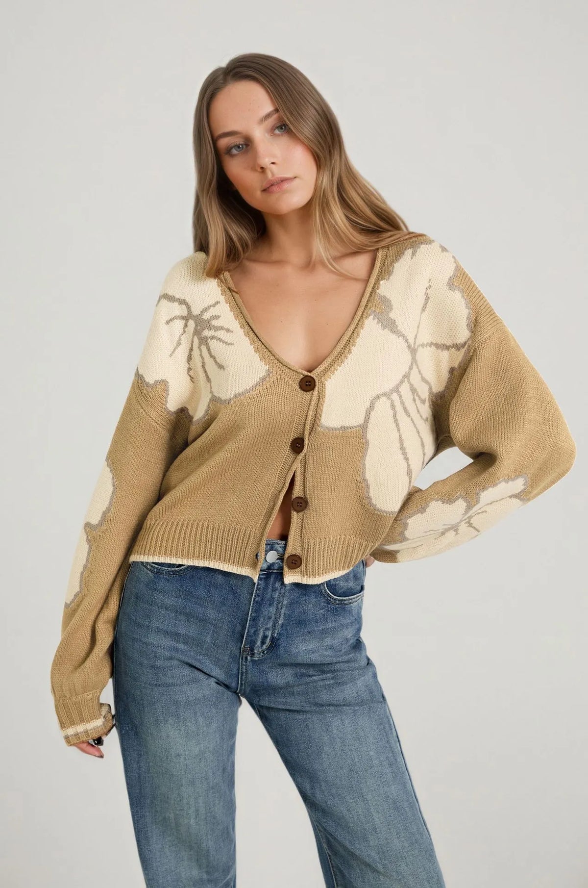 Oversized Floral Print Knit Cardigan Vintage Big Flower Long Sleeve Button Front Top