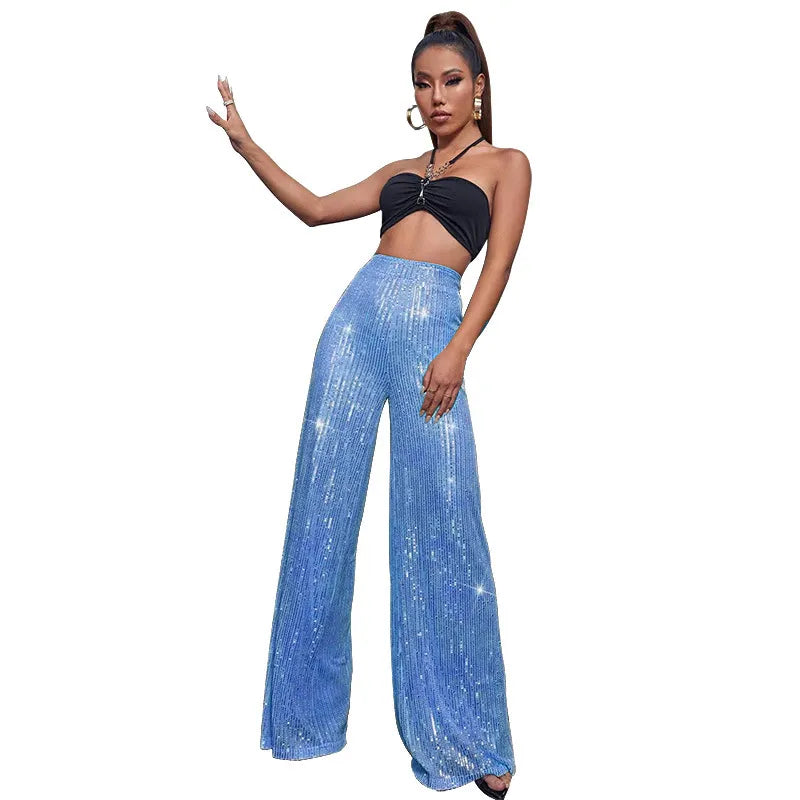 Sequin Stripe High Waist Wide Leg Pants