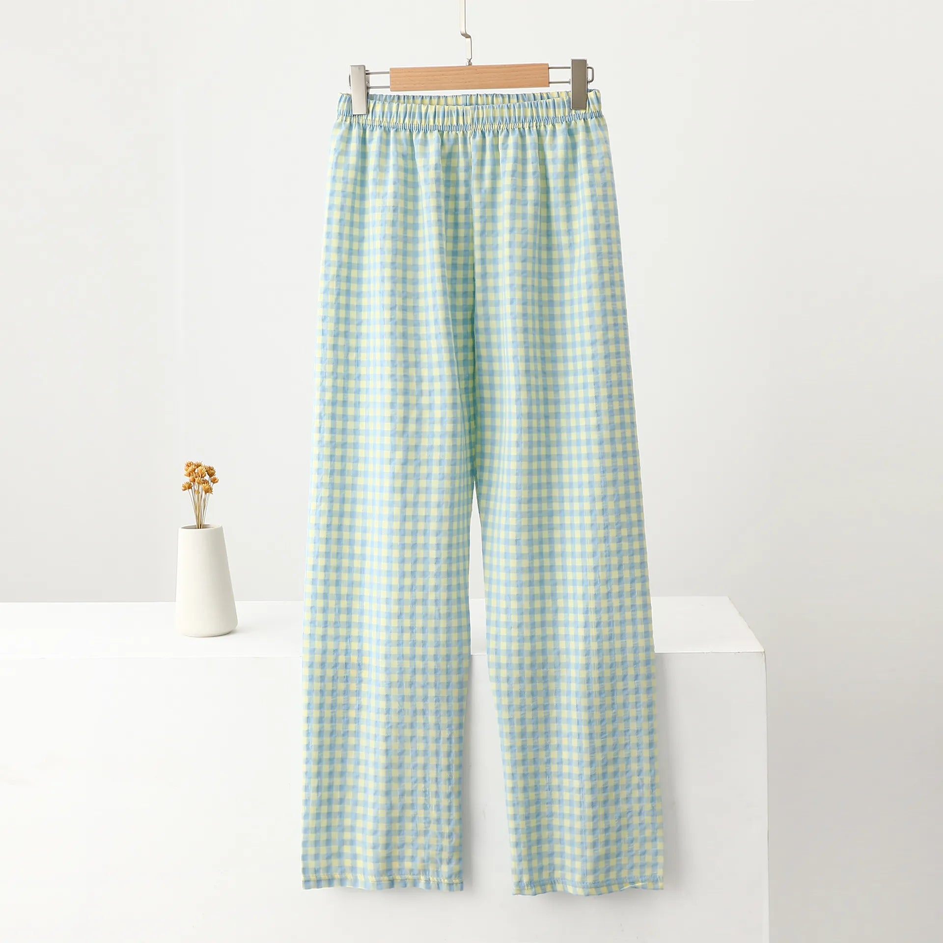 Plaid Elastic Waist Wide Leg Pants