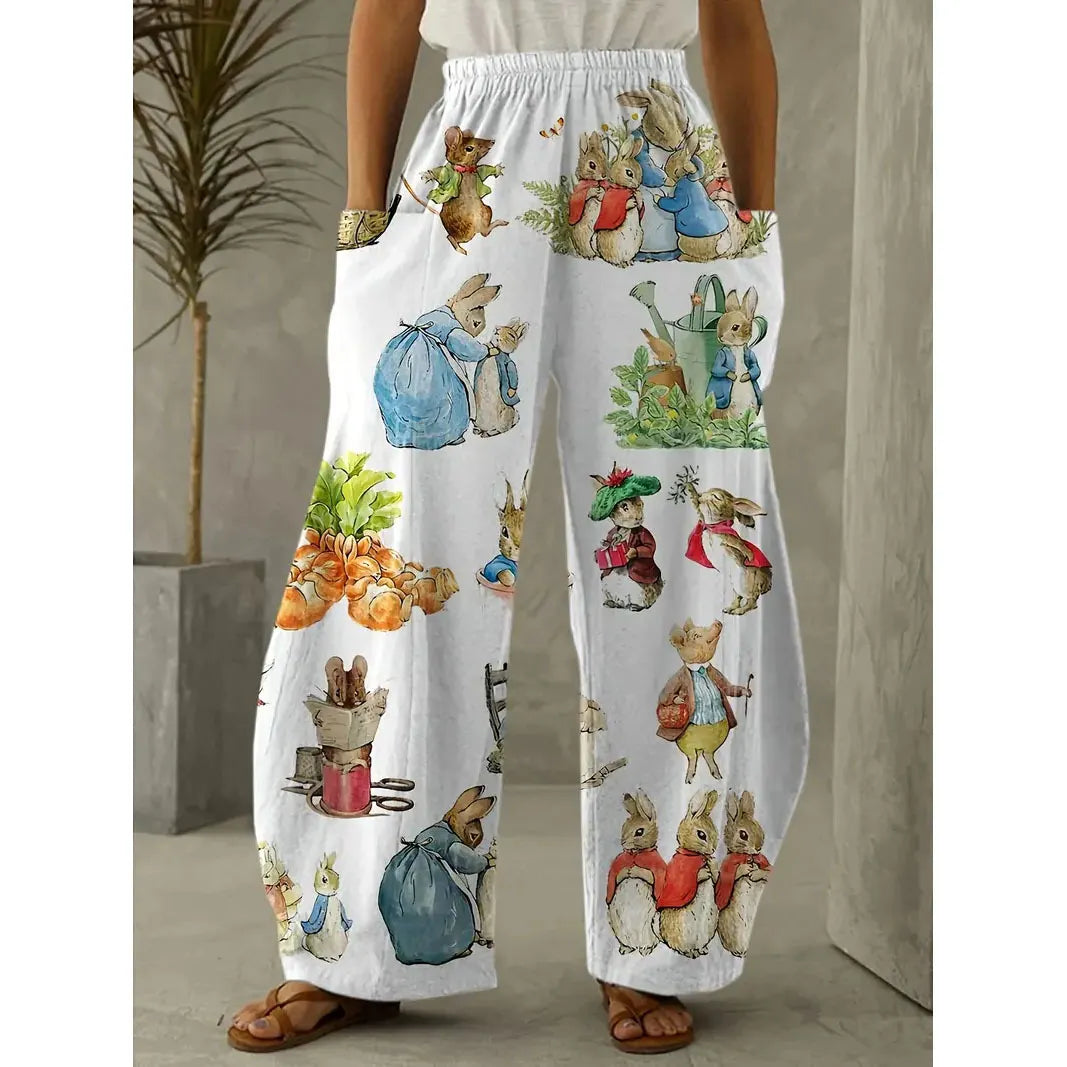 Printed Flare Work Pants | Mid Waist Doodle Heart Print Loose Wide Leg Casual Trousers