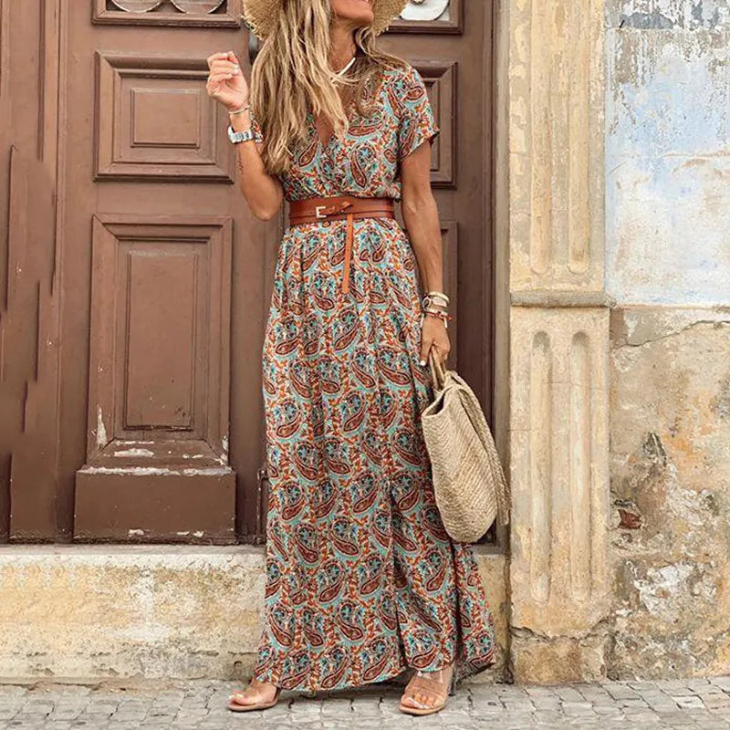 Wrap V Neck Short Sleeve Floral Print Maxi Dress