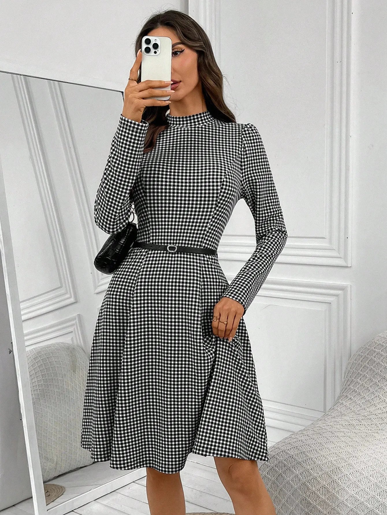Gingham Stand Collar A-Line Mini Dress