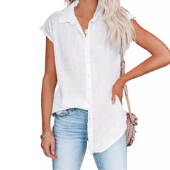 White Sleeveless Button Down Shirt, Loose Fit Linen Blend Blouse for Summer