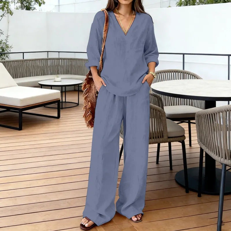 Solid V-Neck Long Sleeve Top & Wide Leg Pants Two-Piece Set
