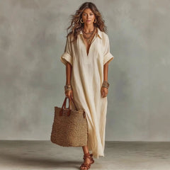 Lapel Half Button Roll Up Sleeve Loose A-Line Maxi Shirt Dress