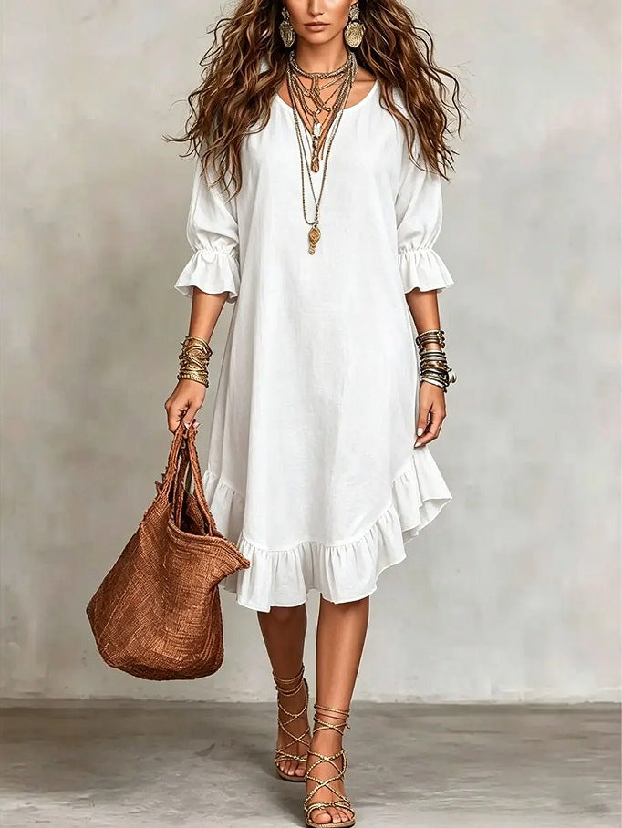 Ruffle Hem Linen Midi Dress