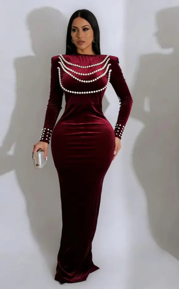 Solid Pearl Beaded Round Neck Long Sleeve High Waist Velvet Mermaid Maxi Dress