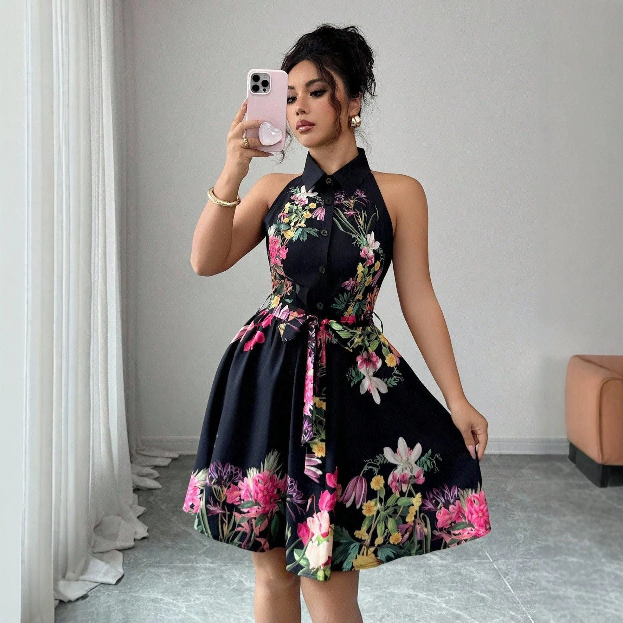 Black Floral Halter Neck A-Line Midi Dress