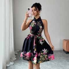Black Floral Halter Neck A-Line Midi Dress