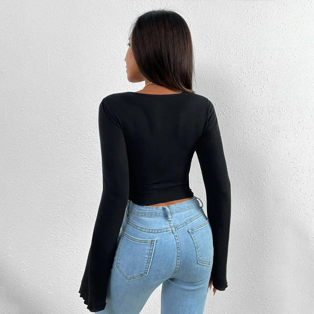 Twist Front Sweetheart Neck Blouse, Flare Long Sleeve Asymmetrical Hem Top (4 Colors)