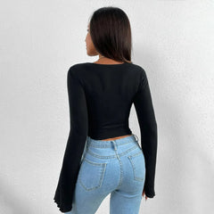 Twist Front Sweetheart Neck Blouse, Flare Long Sleeve Asymmetrical Hem Top (4 Colors)