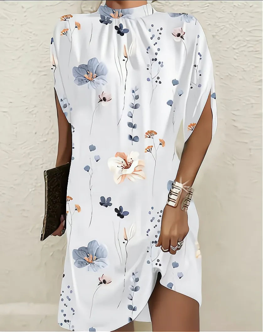 Floral Print High-Neck Batwing Sleeve Dress