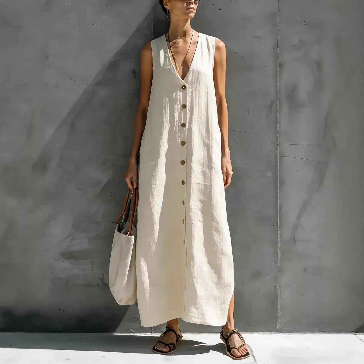 Solid V-Neck Sleeveless Button Front Casual Maxi Dress