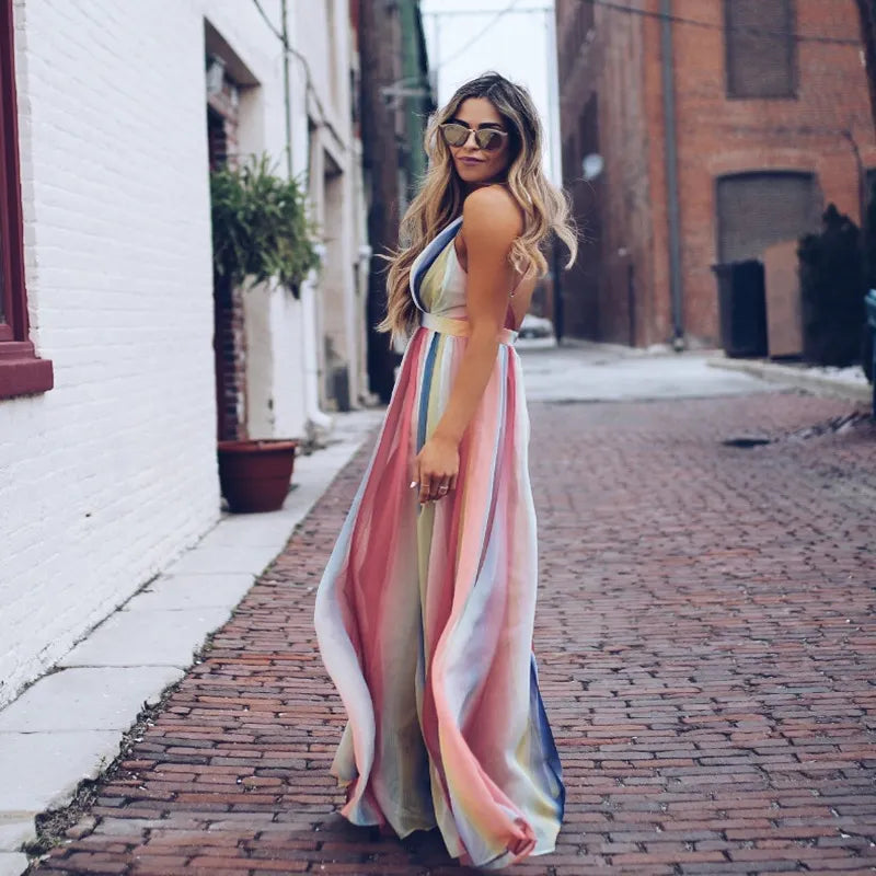 Rainbow Gradient Chiffon Maxi Dress