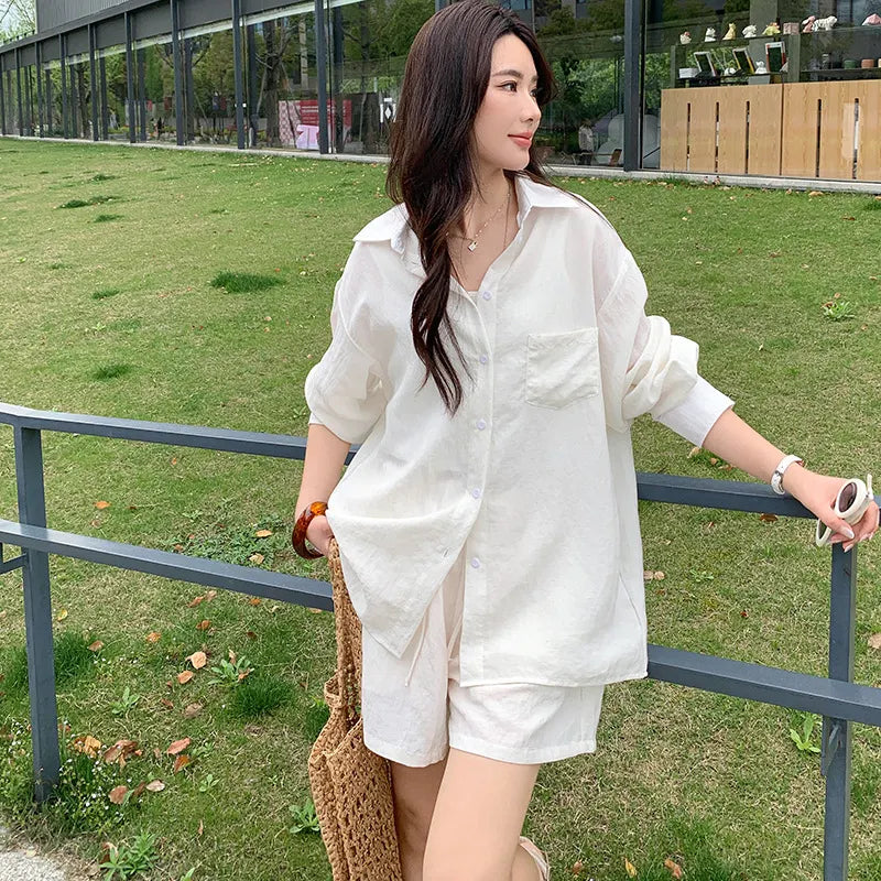 Oversized Long Sleeve Shirt Drawstring Shorts / Pants 2 Piece Casual Suit