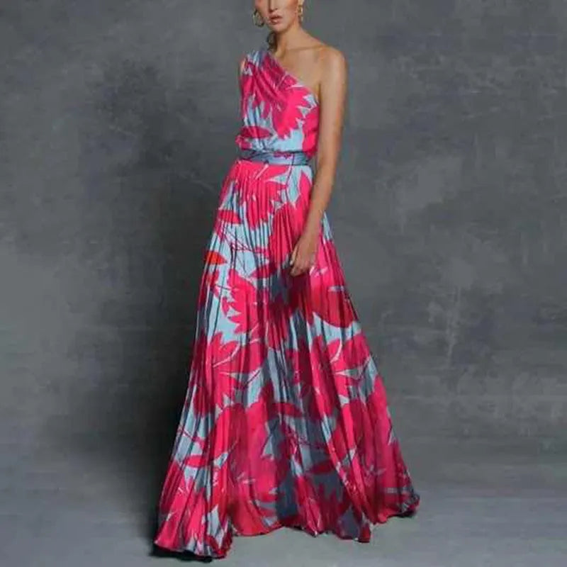 One Shoulder Color Block Printed Maxi Dress