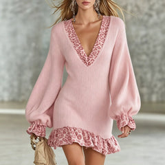 Deep V‑neck Leopard Splicing Knit Mini Dress
