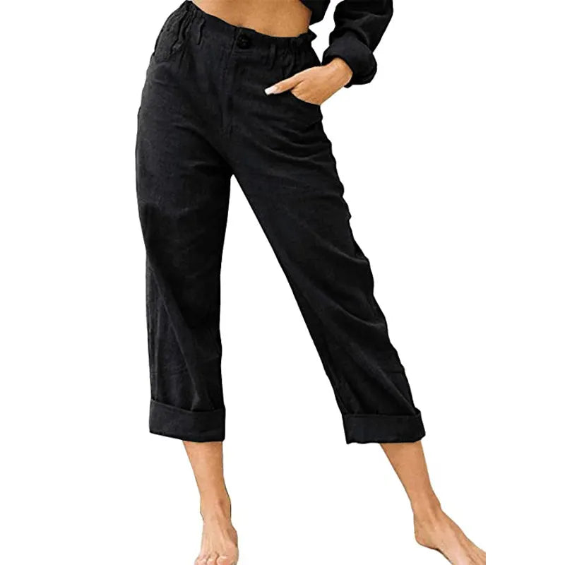 Linen Blend Rolled Cuff Cropped Pants