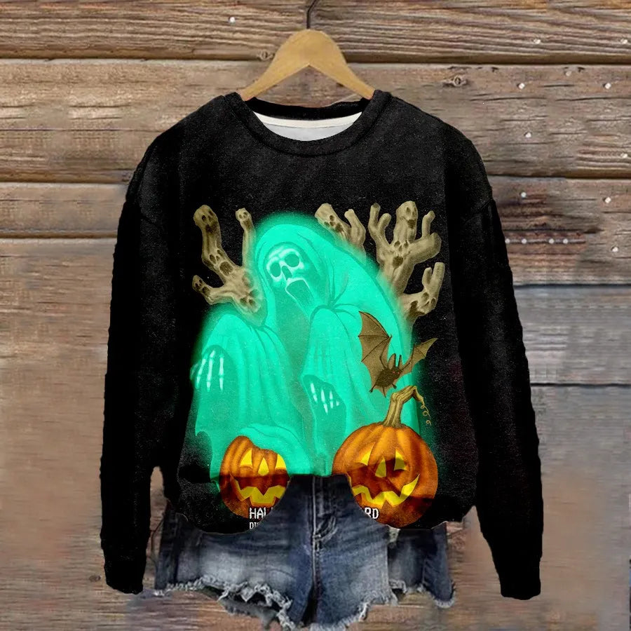 Halloween Witch Pumpkin Print Crew Neck Sweatshirt