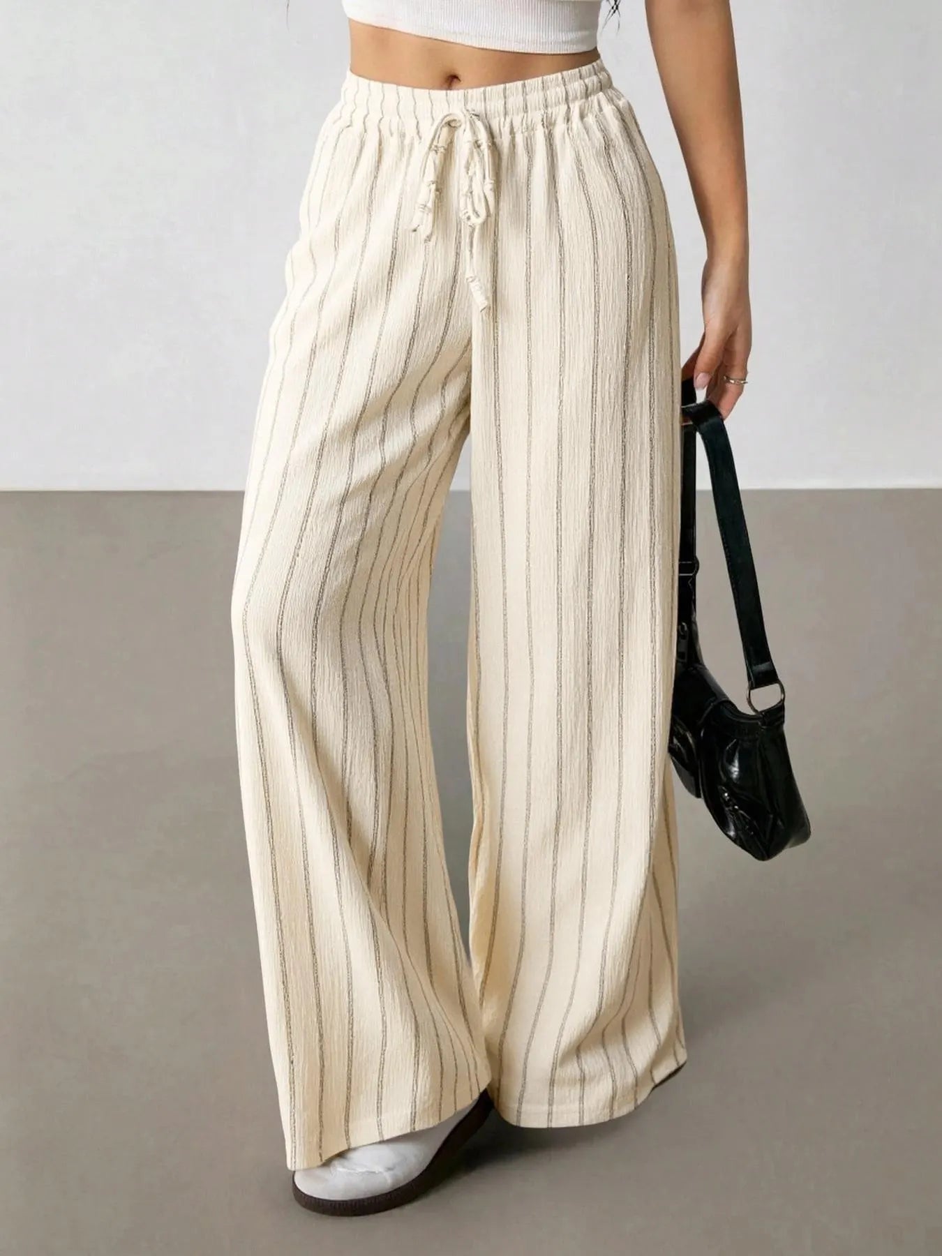Vertical Striped Elastic Waist Wide Leg Pants