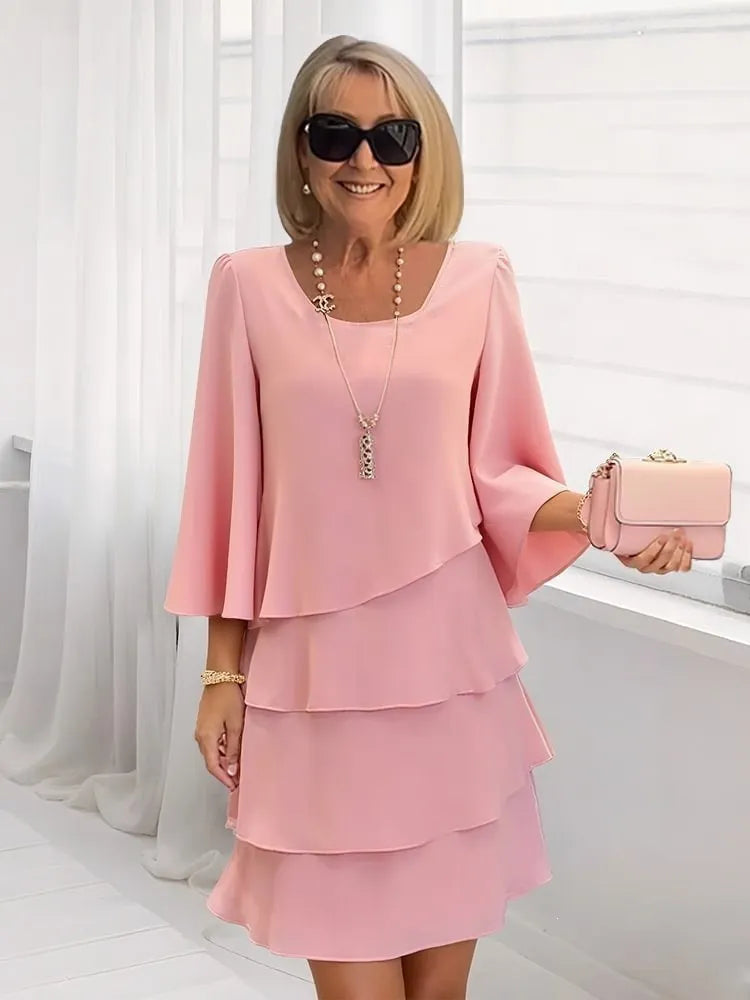 Solid Color Round Neck Layered Flared Sleeve Dress