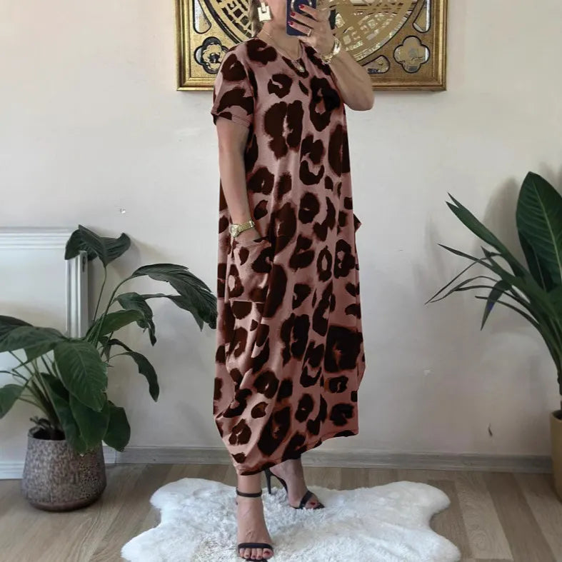 Leopard Print Maxi Dress Oversized Loose Fit Pocket Dress