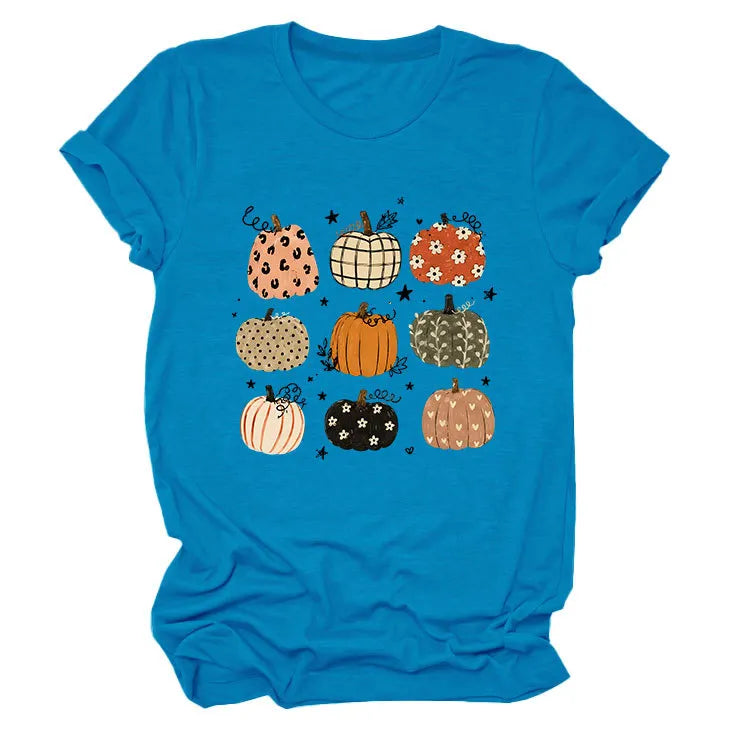 Leopard Floral Plaid Pumpkin Casual Short Sleeve Tee