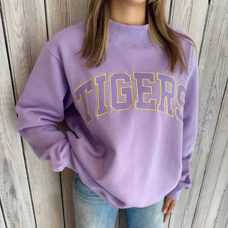 Lavender TIGERS Letter Print Sweatshirt, Casual Loose Mock Neck Fall Pullover Top