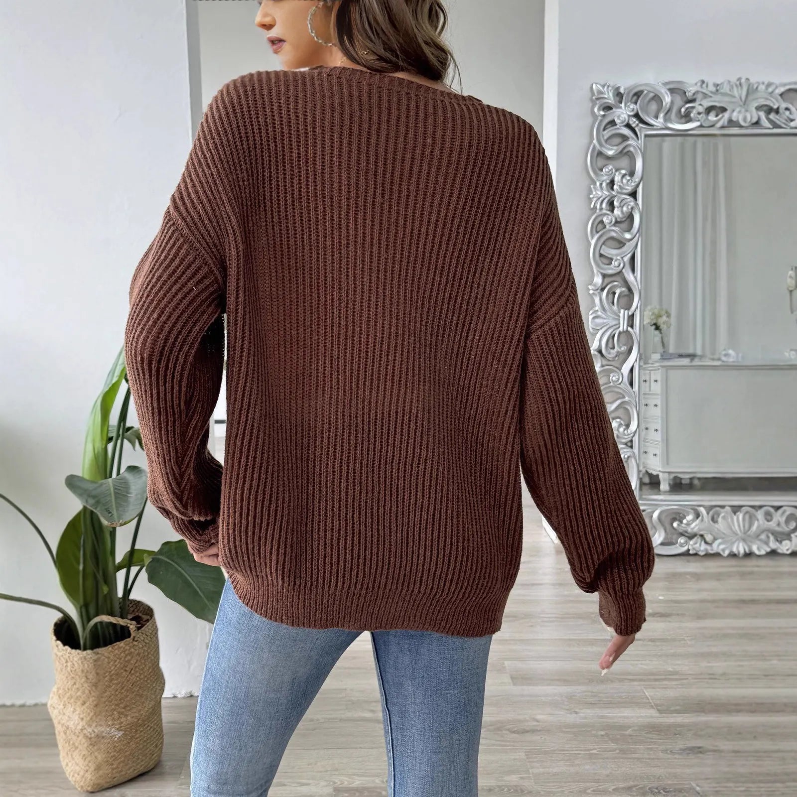 Color Block Beaded Off-Shoulder V-Neck Loose Knit Sweater